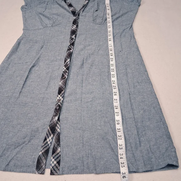 Vintage Chambray Shescool Mini Shirt Dress with Contrast Plaid Trim - Blue - Picture 6 of 6